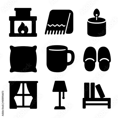 Cozy Living Space Icons. Solid, filled icon set of cozy living spaces: fireplace, warm blanket, scented candle, soft pillow,