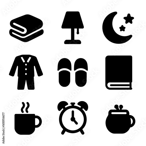 Cozy Night Icons. Solid, filled icon set of cozy nighttime: blanket, bedside lamp, moon, stars, pajamas, slippers, book, warm