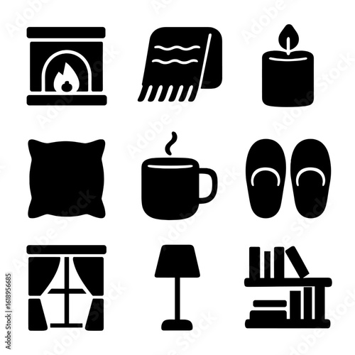Cozy Living Space Icons. Solid, filled icon set of cozy living spaces: fireplace, warm blanket, scented candle, soft pillow,