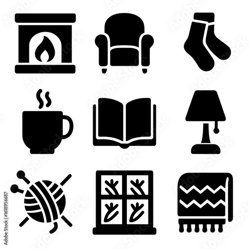 Cozy Icons Grid. Solid, filled icon set of cozy indoor moments: fireplace, armchair, wool socks, hot tea, open book, lamp,