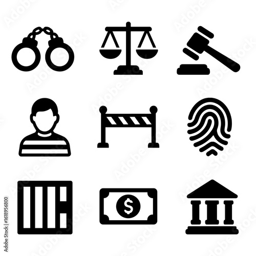 Criminal Justice Icons. Solid, filled icon set of criminal justice: handcuffs, scales of justice, judge’s gavel, prisoner, police