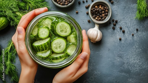 Freshly Picked Cucumbers Preserved in a Jar With Herbs and Spices for Flavorf...