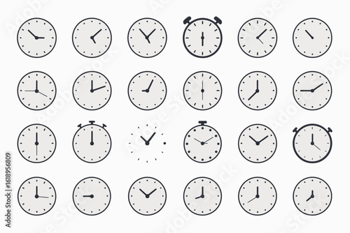 Collection of various clock faces and time displays isolated on white background silhouette