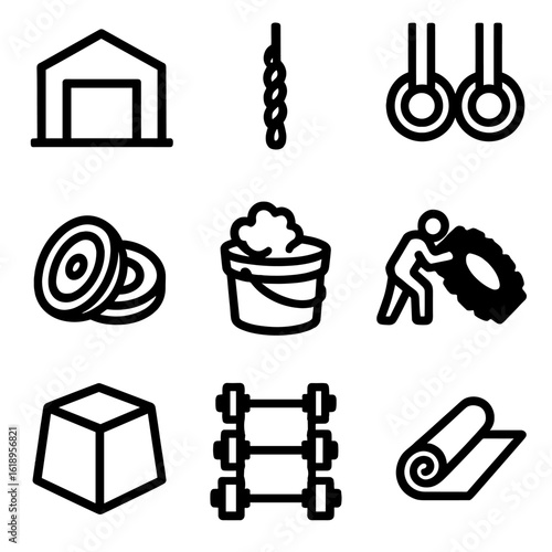 CrossFit Icon Set. Solid, filled icon set of CrossFit workout environment: gym, climbing rope, gymnastic rings, weight plates,