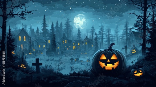 Spooky Halloween Night With Glowing Pumpkins and Eerie Moonlight Over Ghostly...