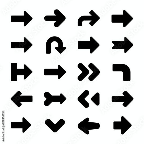 Collection of diverse black arrow silhouettes pointing in various directions isolated on white background
