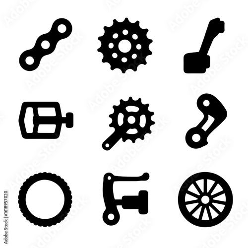 Cycling Gear Icons. Solid, filled icon set of cycling gears: bicycle chain, sprocket, gear lever, chainring, pedal, crankset,