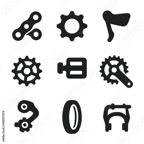 Cycling Gear Icons. Solid, filled icon set of cycling gears: bicycle chain, sprocket, gear lever, chainring, pedal, crankset,