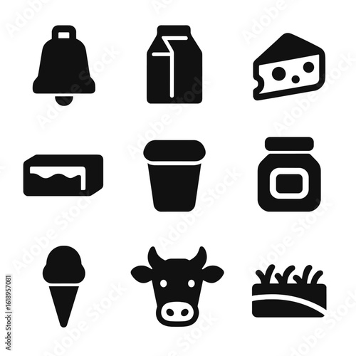 Dairy Icon Collection. Solid, filled icon set of Cow bell and agriculture products: cow bell, milk carton, cheese wedge, butter