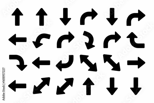 Collection of diverse black arrow silhouettes pointing in various directions isolated on white background