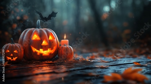 Spooky Halloween Pumpkins With Glowing Faces in a Dark Forest Setting at Night