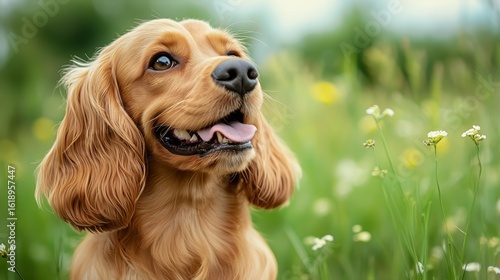Happy Golden Cocker Spaniel Sitting in a Vibrant Meadow During a Sunny Day