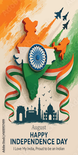 Happy Independence Day India – 15th August Celebration with Map, Ashoka Chakra, Tricolor Ribbon, Fighter Jets & Iconic Monuments