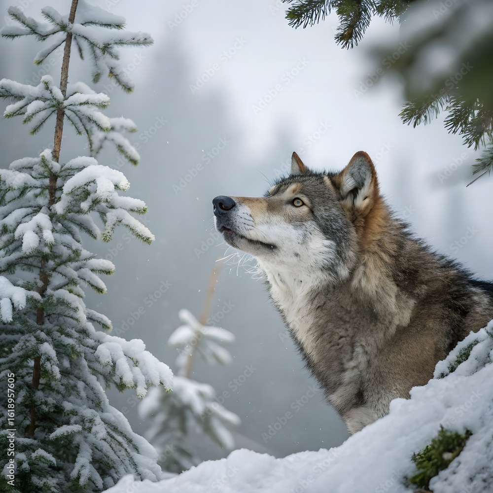 Fototapeta premium Grey Wolf (Canis lupus) Between Trees Looks Up and to Right Winter