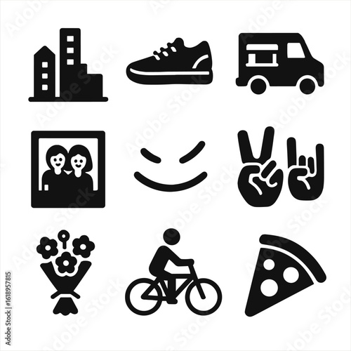 Day Out Icons. Solid, filled icon set of day out with best friends: cityscape, casual shoes, food truck, polaroid photo, laughter