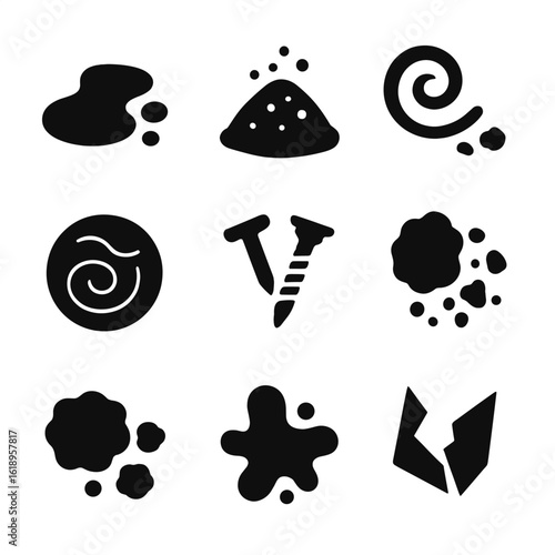 Debris Icon Set. Solid, filled icon set of floor debris types: spilled water, fine dust, wood shavings, pet hair, nails/screws,