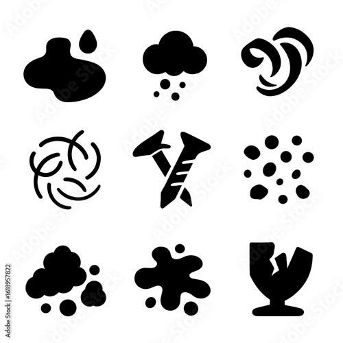 Debris Icon Set. Solid, filled icon set of floor debris types: spilled water, fine dust, wood shavings, pet hair, nails/screws,