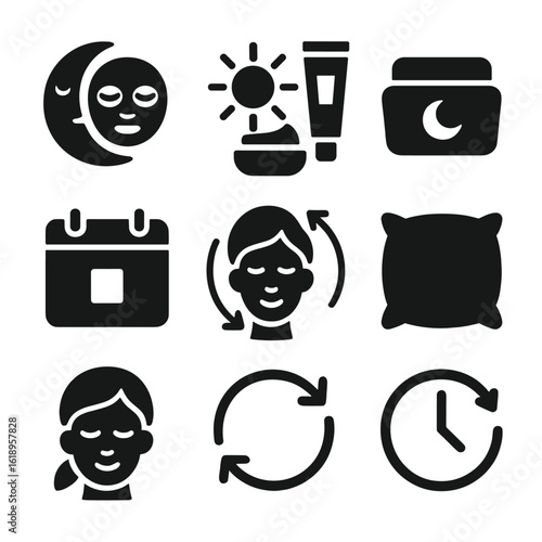 Day-Night Skincare Icons. Solid, filled icon set of nighttime vs. morning skincare: moon with mask, sun with cream, night cream