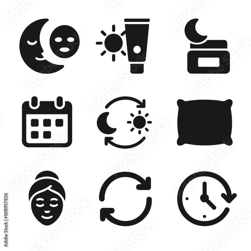 Day-Night Skincare Icons. Solid, filled icon set of nighttime vs. morning skincare: moon with mask, sun with cream, night cream