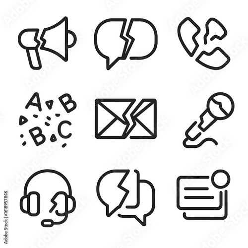 Deconstructed Communication Icons. Solid, filled icon set of Deconstructed communication: broken megaphone, split speech bubble,