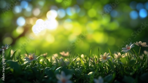 Vibrant Pink Flowers Bloom in a Sunlit Green Meadow During the Early Morning.