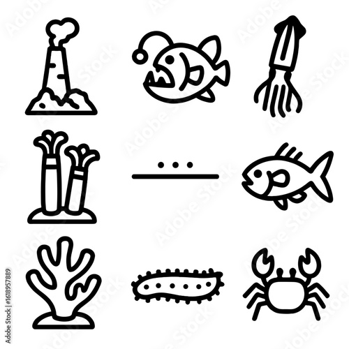Deep Sea Icons. Solid, filled icon set of deep sea ecosystems: hydrothermal vent, anglerfish, giant squid, tube worm, abyssal