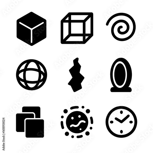 Dimensional Icon Set. Solid, filled icon set of dimensional theories: 3D cube, 4D tesseract, higher dimension spiral, hypersphere,