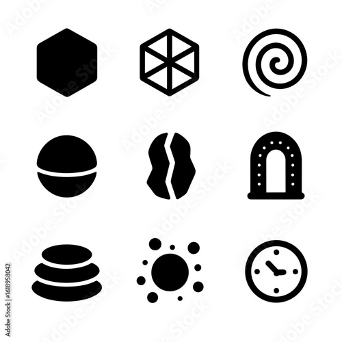 Dimensional Icon Set. Solid, filled icon set of dimensional theories: 3D cube, 4D tesseract, higher dimension spiral, hypersphere,