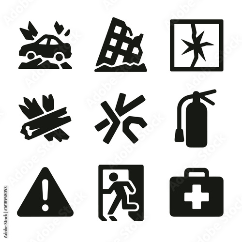 Disaster Remains Icons. Solid, filled icon set of remains from disasters: wreckage, collapsed building, broken glass, charred wood