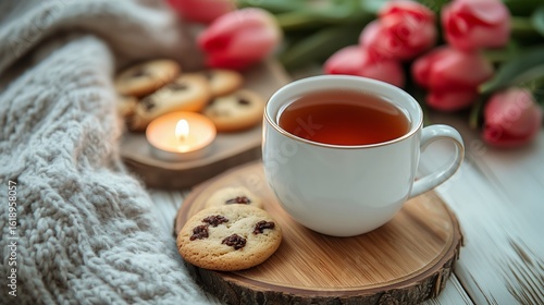 Warm Tea and Open Book on a Woven Tray With Delicate Flowers in a Cozy Setting.