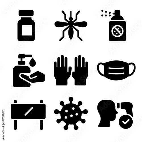Disease Prevention Icons. Solid, filled icon set of disease prevention: vaccine vial, mosquito, insecticide spray, sanitizer,