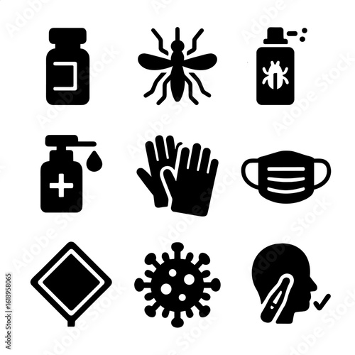 Disease Prevention Icons. Solid, filled icon set of disease prevention: vaccine vial, mosquito, insecticide spray, sanitizer,