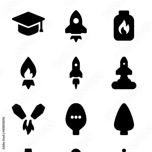 Diverse Icon Collection. Solid, filled icon set of graduation celebration: graduation cap, diploma scroll, clapping crowd,