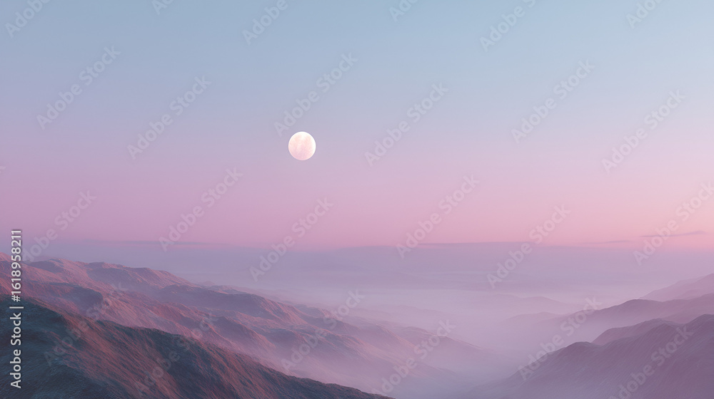 Fototapeta premium A serene landscape of mountain ranges shrouded in mist under a pastel sky with a bright moon.