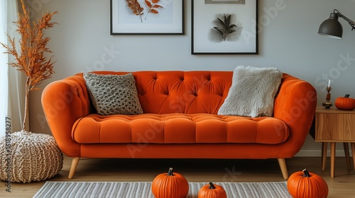 Cozy Autumn Living Room With an Orange Sofa, Pumpkins, and Warm Decor Elements.