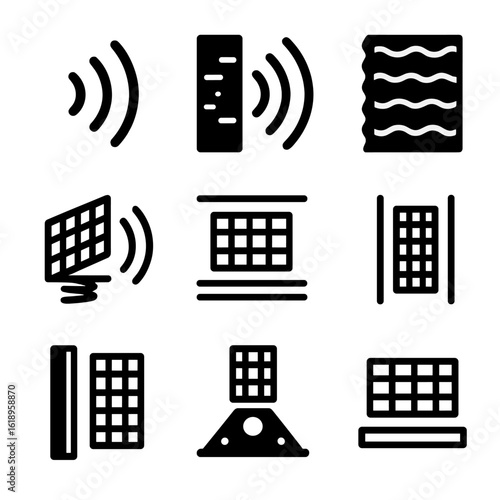 DIY Acoustic Panels Icons. Solid, filled icon set of DIY acoustic panels soundproofing features: sound waves, noise reduction,