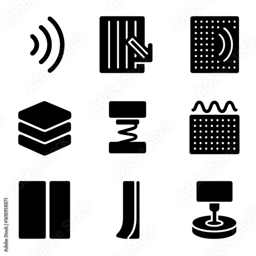 DIY Acoustic Panels Icons. Solid, filled icon set of DIY acoustic panels soundproofing features: sound waves, noise reduction,