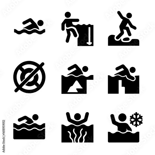 Drowning Hazards Icons. Solid, filled icon set of drowning hazards: strong currents, deep water, slippery rocks, no lifeguard,