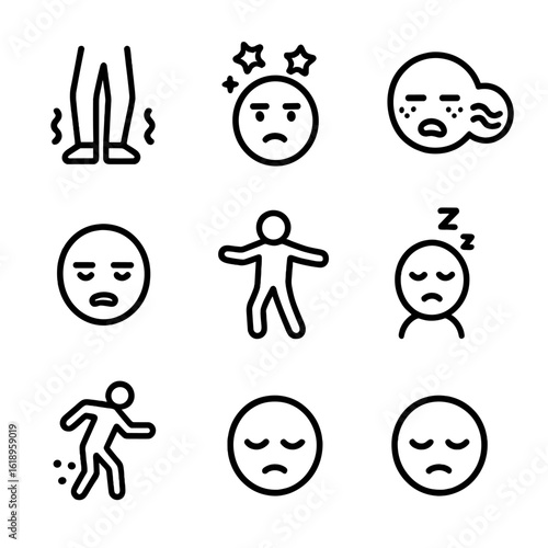 Drunkenness Symptoms Icons. Solid, filled icon set of drunkenness symptoms: wobbling legs, dizzy stars, flushed cheeks, slurred