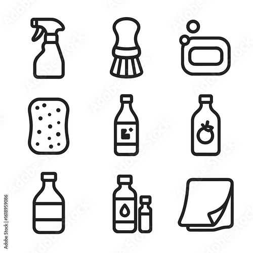 Eco Home Cleaning Icons. Solid, filled icon set of eco-friendly home cleaning products: reusable spray bottle, bamboo scrub brush,