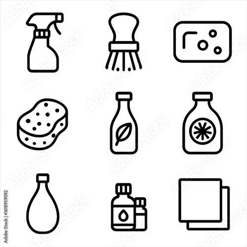 Eco Home Cleaning Icons. Solid, filled icon set of eco-friendly home cleaning products: reusable spray bottle, bamboo scrub brush,