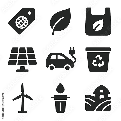 Eco-Friendly Icon Set. Solid, filled icon set of ozone-friendly products: eco label, green leaf, biodegradable bag, solar panel,