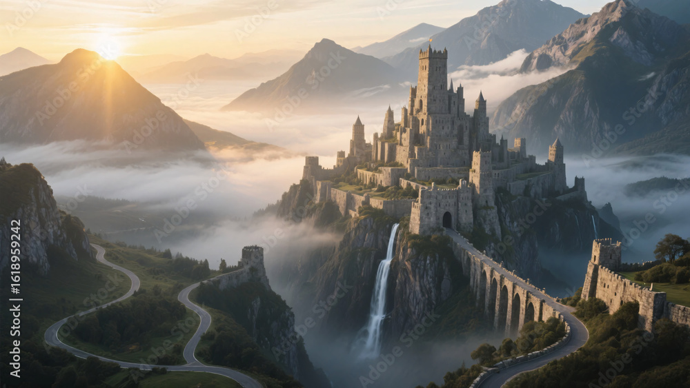 Naklejka premium A grand medieval fortress nestled among misty mountains in an epic fantasy world.A grand medieval fortress nestled among misty mountains in an epic fantasy world.