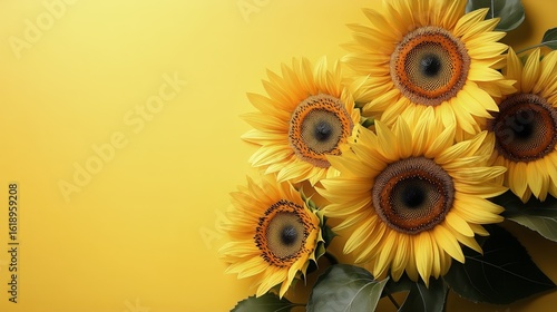 Bright Sunflowers Arranged on a Vibrant Yellow Background Showcasing Their Na...