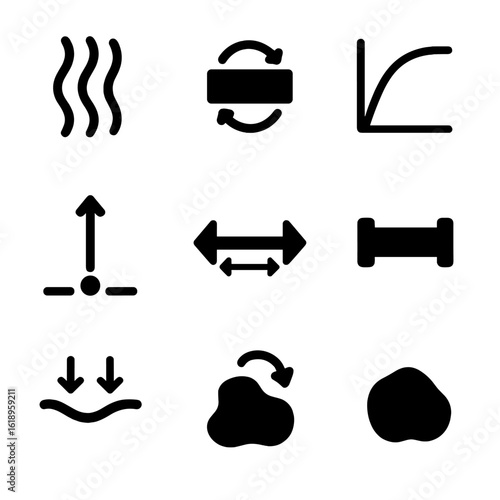 Elasticity Icon Set. Solid, filled icon set of elastic material features: stretch mark, rebound effect, elasticity curve, stress