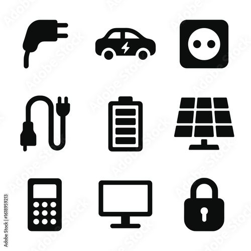 Electric Vehicle Icons. Solid, filled icon set of EV charging station components: charging plug, electric vehicle, power outlet,