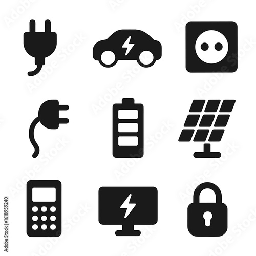 Electric Vehicle Icons. Solid, filled icon set of EV charging station components: charging plug, electric vehicle, power outlet,