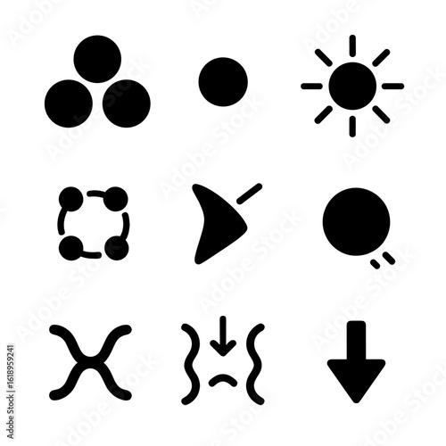 Elementary Particle Icons. Solid, filled icon set of fundamental particles and forces: quarks, electrons, photons, gluons,