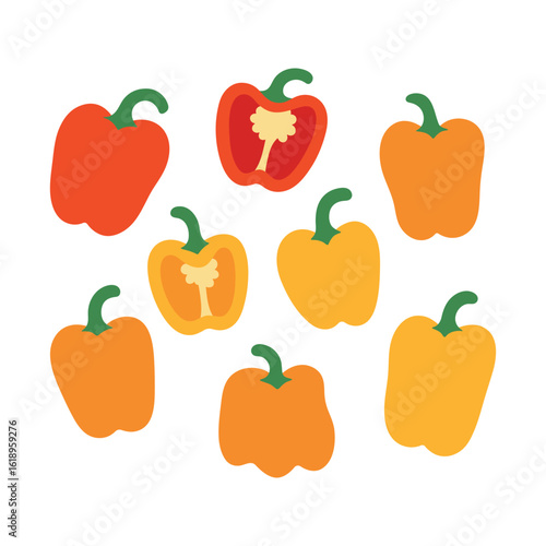 Colorful bell peppers. Red, orange, and yellow peppers, whole and cut in half. Paprika. Sweet pepper. Minimalist healthy food design isolated on white background. Flat vector illustrations set.