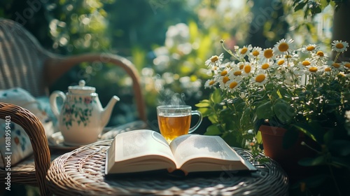 Enjoying Tea and Reading a Book in a Serene Garden Setting During a Sunny Aft...